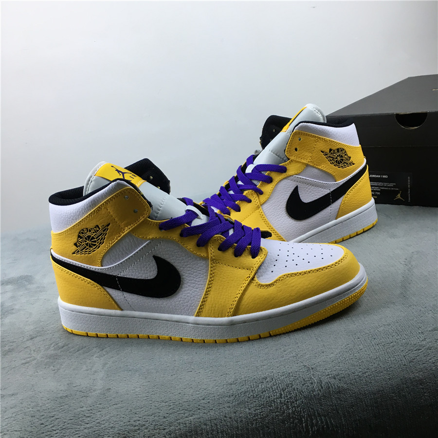 Women Air Jordan 1 Mid Lakers Yellow White Blue Black Shoes - Click Image to Close